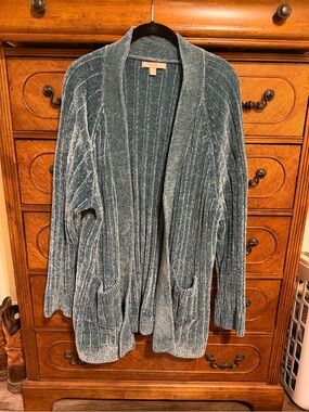 Woman Within Teal Chenille Open-Front Cardigan with Pockets